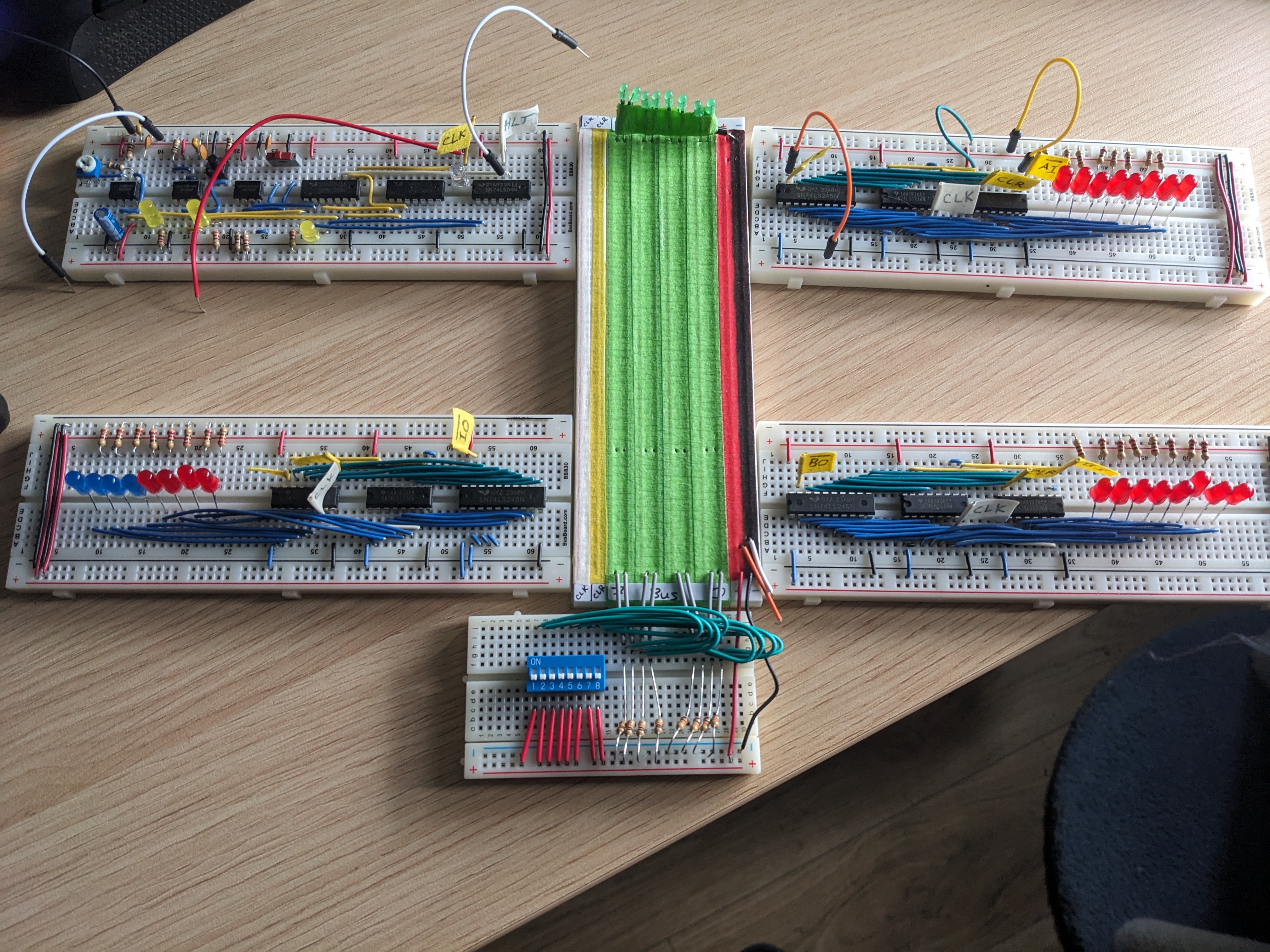 Bus, registers a, b, ir, clock module, test harness